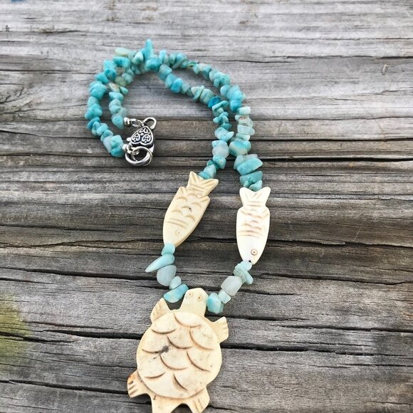 Southwestern Amazonite Gemstone Necklace Handmade Fish Pendant Silver Turtle - Picture 8 of 9